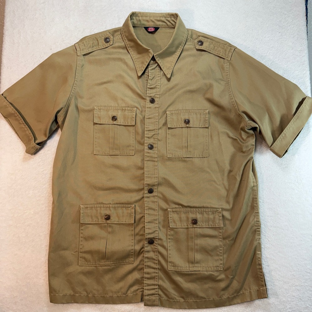 Red Snap Mens Khaki Safari Shirt Short Sleeve Utility Cargo Pocket Military XL